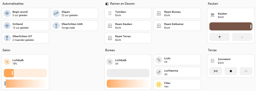 Domotica-dashboard met automatisaties, ramen en deuren, rolluiken en verlichting