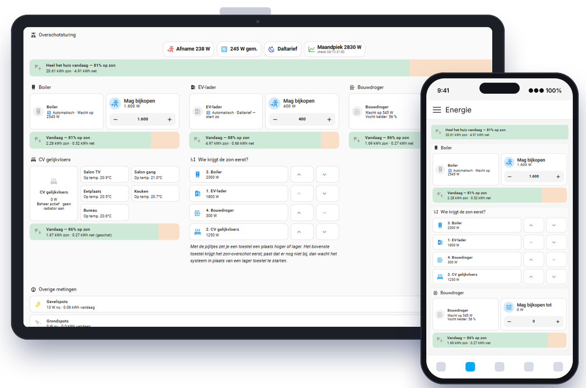 Dashboard voor slimme energiesturing op een wandtablet en smartphone
